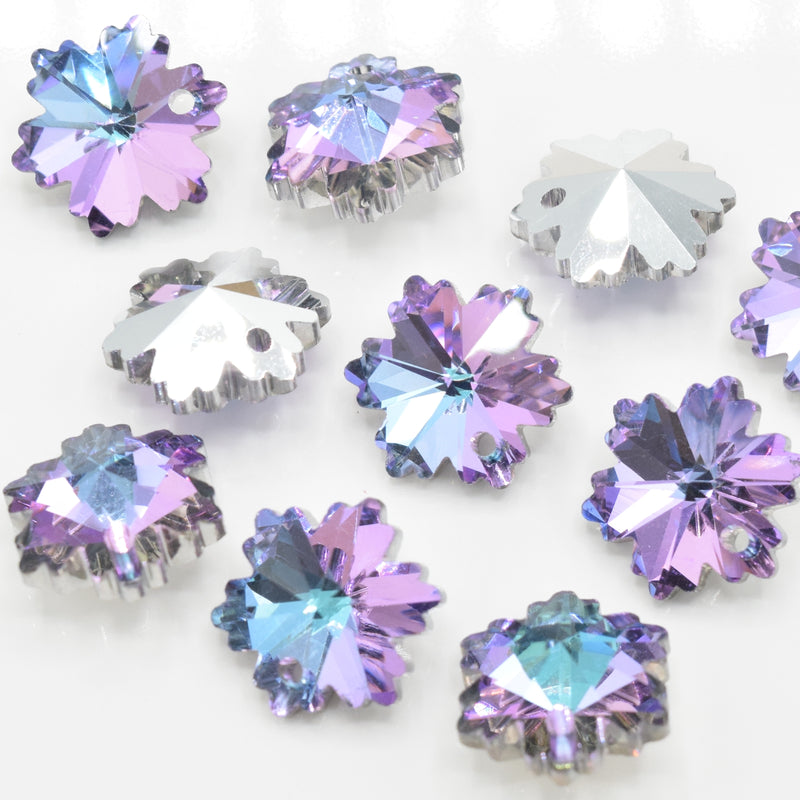 10 x Faceted Glass Snowflake Pendants Silver Plated 14mm - Lilac / Blue