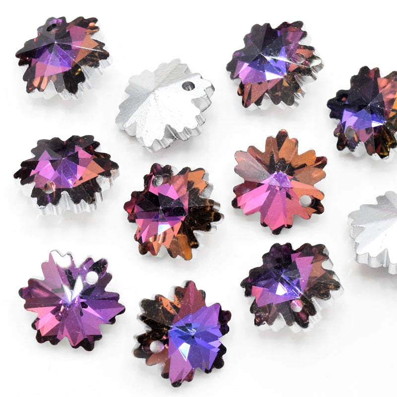 10 x Faceted Glass Snowflake Pendants Silver Plated 14mm - Pink / Purple