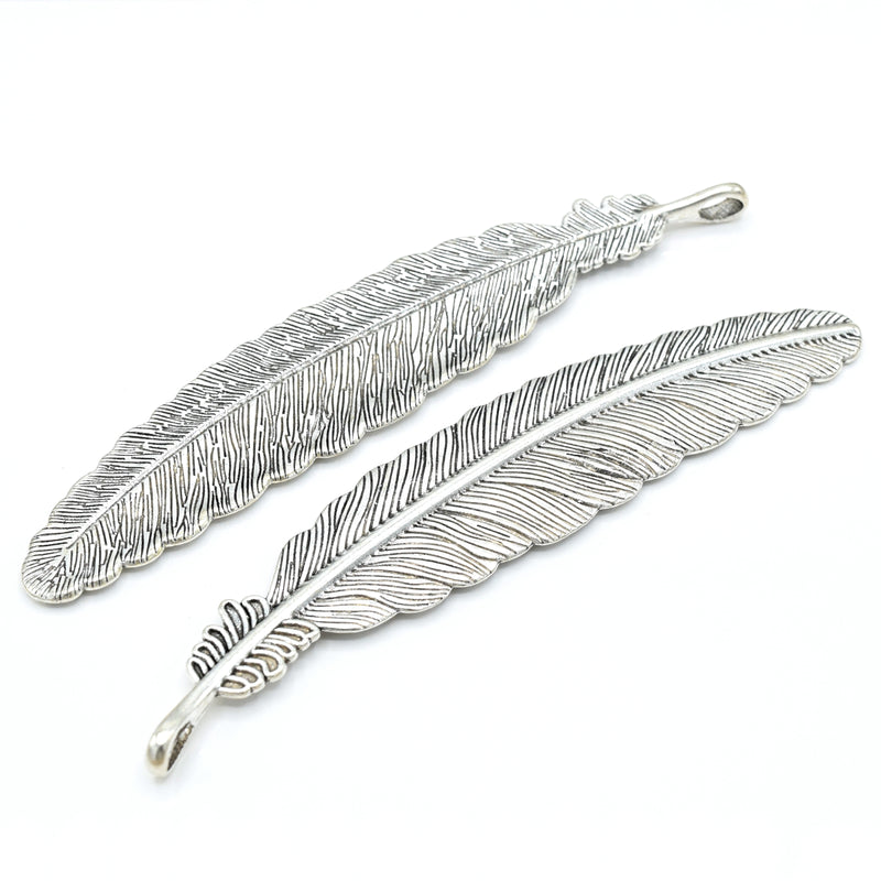 2 x Zinc Alloy Antique Silver Plated Feather Pendants 105x22mm