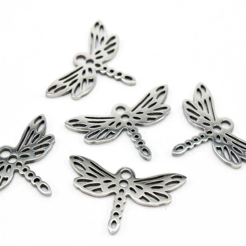 2 x Ion Plated Stainless Steel Pendants Dragonfly 13.5x20mm - Silver