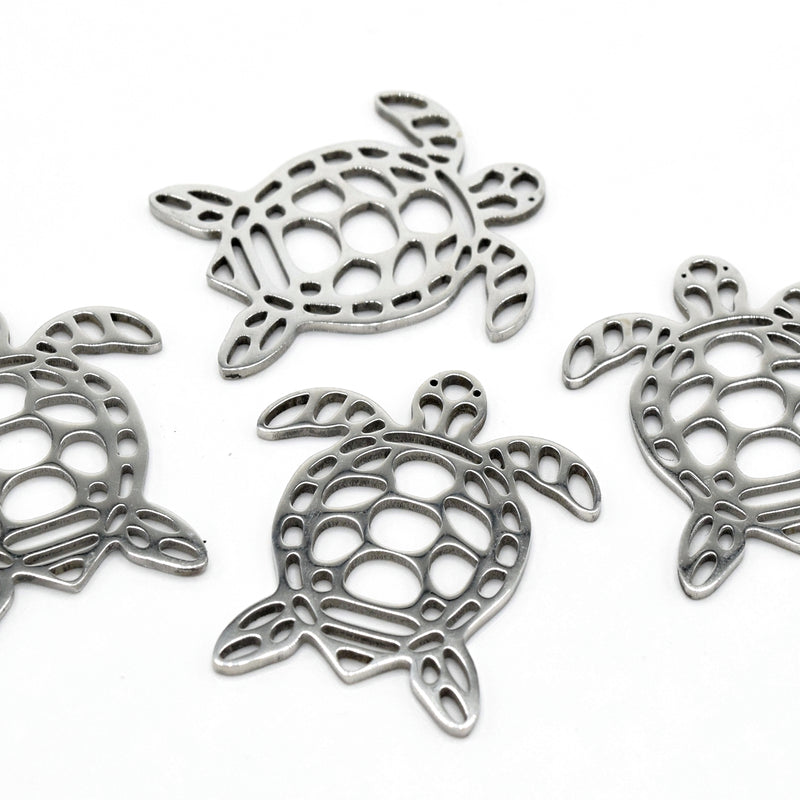 2 x Ion Plated Stainless Steel Pendants Turtle 24x21mm - Silver