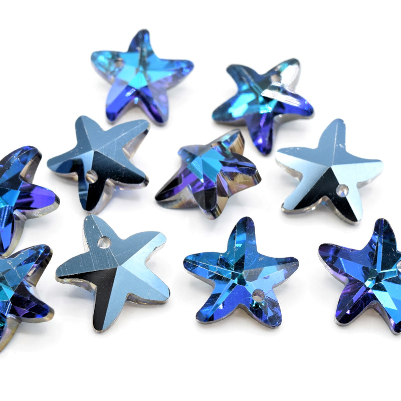 10 x Faceted Glass Starfish Pendants Metallic Jet Plated 14mm - Blue / Purple