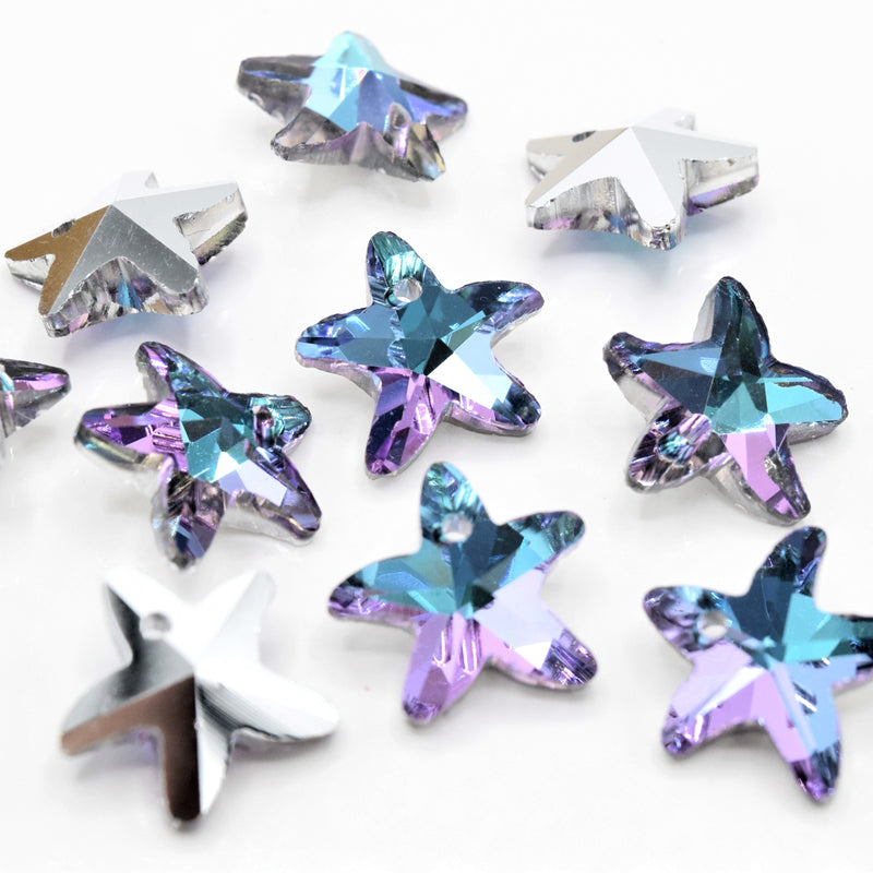10 x Faceted Glass Starfish Pendants Silver Plated 14mm - Lilac / Blue