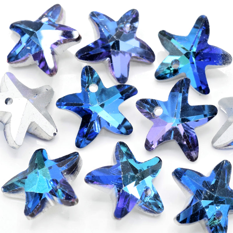 10 x Faceted Glass Starfish Pendants Silver Plated 14mm - Blue / Purple