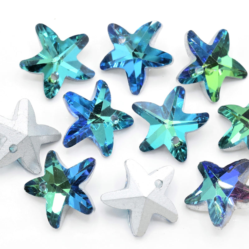 10 x Faceted Glass Starfish Pendants Silver Plated 14mm - Green / Blue
