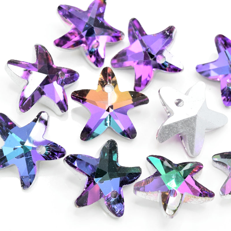 10 x Faceted Glass Starfish Pendants Silver Plated 14mm - Green / Purple