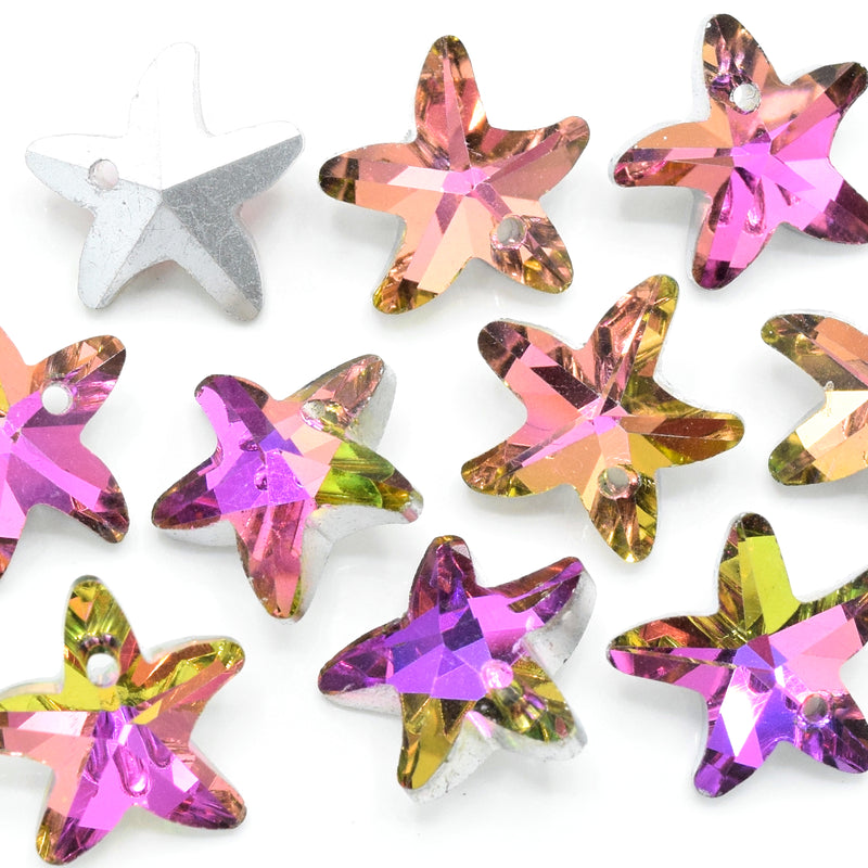 10 x Faceted Glass Starfish Pendants Silver Plated 14mm - Pink / Green