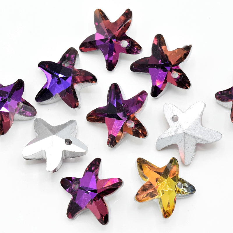 10 x Faceted Glass Starfish Pendants Silver Plated 14mm - Pink / Purple