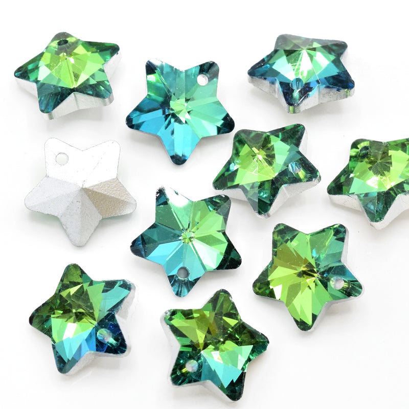 10 x Faceted Glass Star Pendants Silver Plated 14mm - Green / Blue