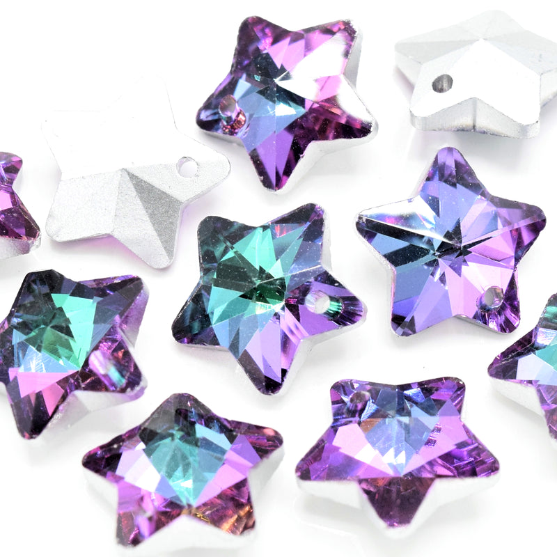 10 x Faceted Glass Star Pendants Silver Plated 14mm - Green / Purple