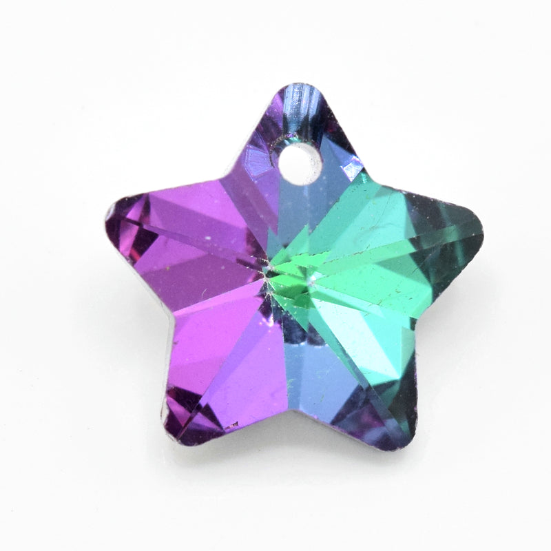 10 x Faceted Glass Star Pendants Silver Plated 14mm - Green / Purple