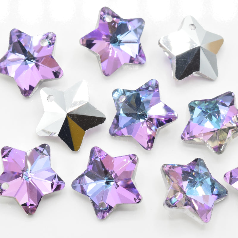10 x Faceted Glass Star Pendants Silver Plated 14mm - Lilac / Blue