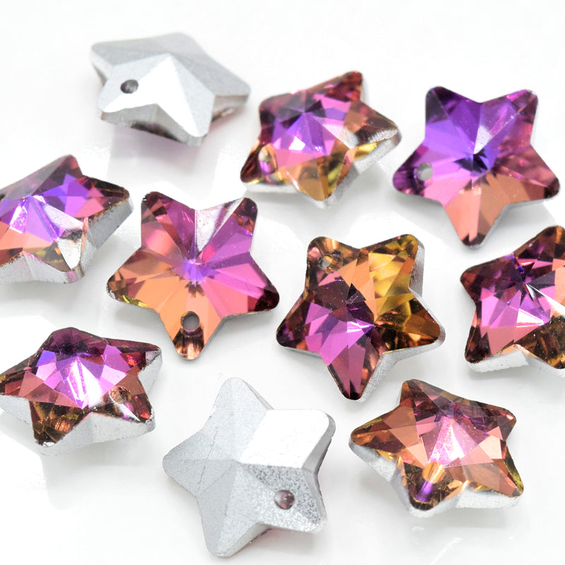 10 x Faceted Glass Star Pendants Silver Plated 14mm - Pink / Purple