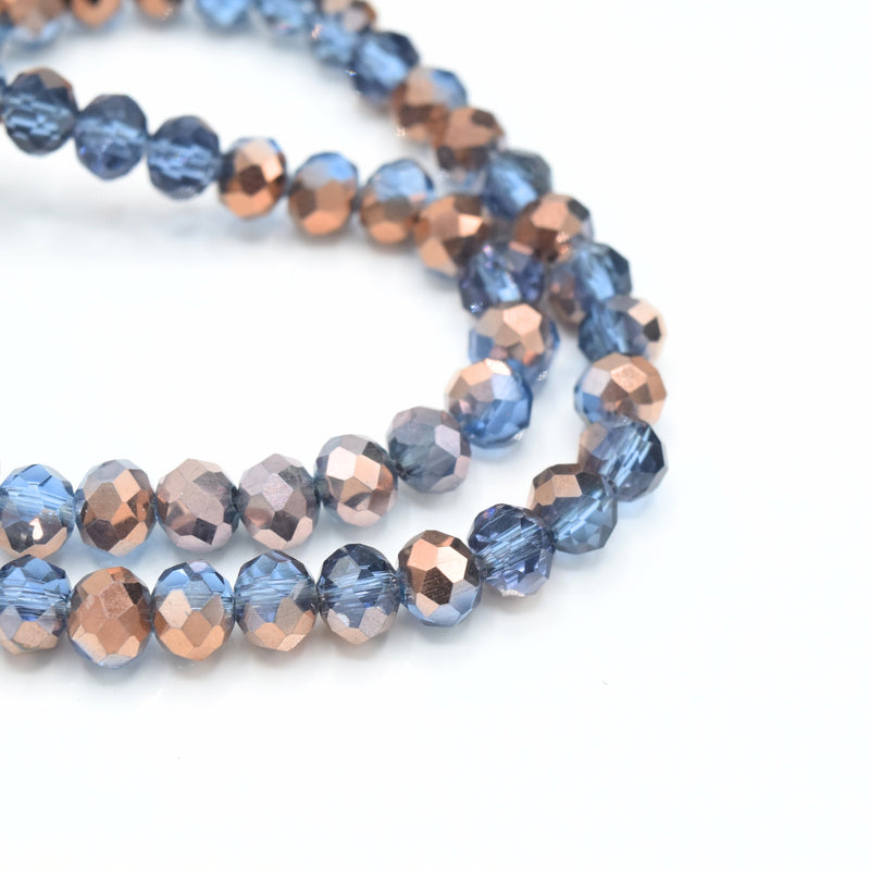 175 x Faceted Rondelle Glass Beads 6x4mm - Steel Blue / Metallic Copper