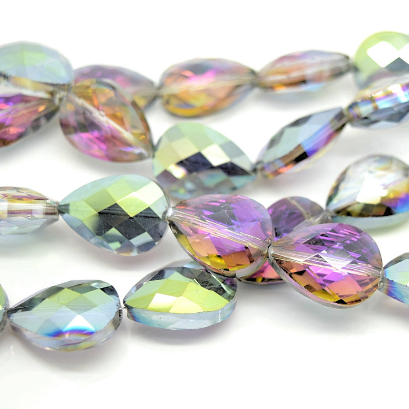 STAR BEADS: 5 x Teardrop Faceted Glass Beads 14x18x7mm - Grey / Metallic Green - Teardrop Beads