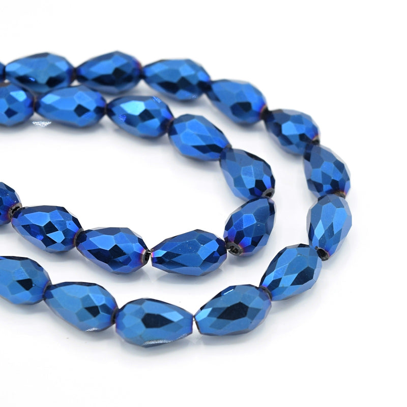 58 x Faceted Teardrop Glass Beads Metallic Blue - 8x11mm