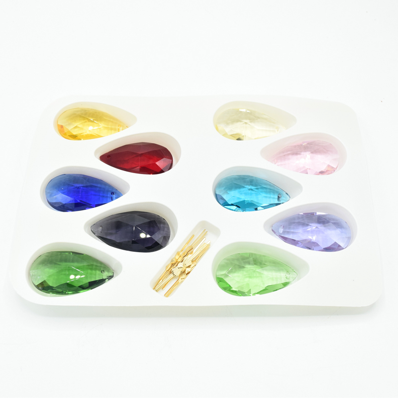 10 x Teardrop Faceted Glass Pendants 38mm - Yellow, Siam, Sapphire, Violet, Green, Jonquil, Pink, Aqua, Lilac, Peridot