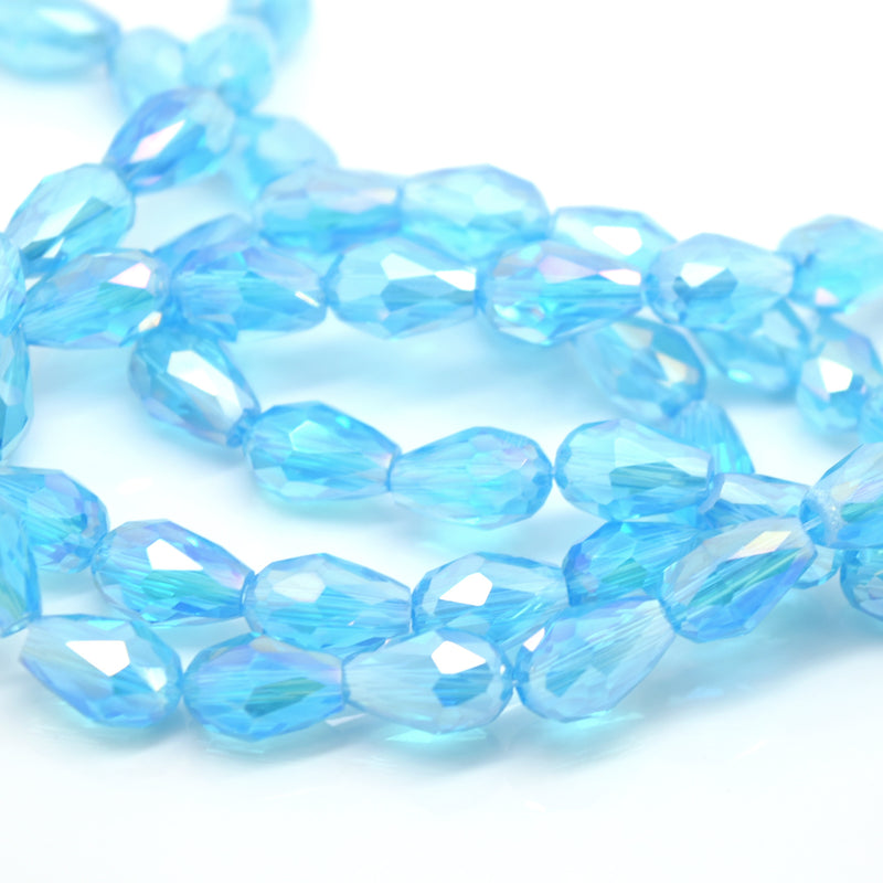 STAR BEADS: 60 x Faceted Teardrop Glass Beads Aquamarine AB - 8x11mm - Teardrop Beads