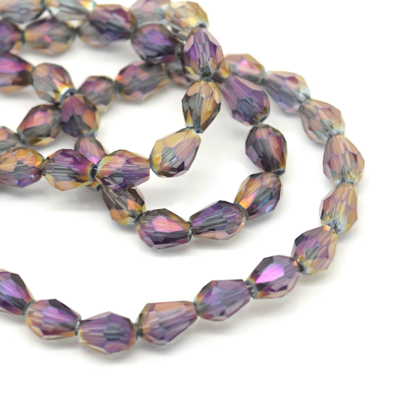 70 x Faceted Teardrop Glass Beads Grey / Metallic Purple - 5x7mm