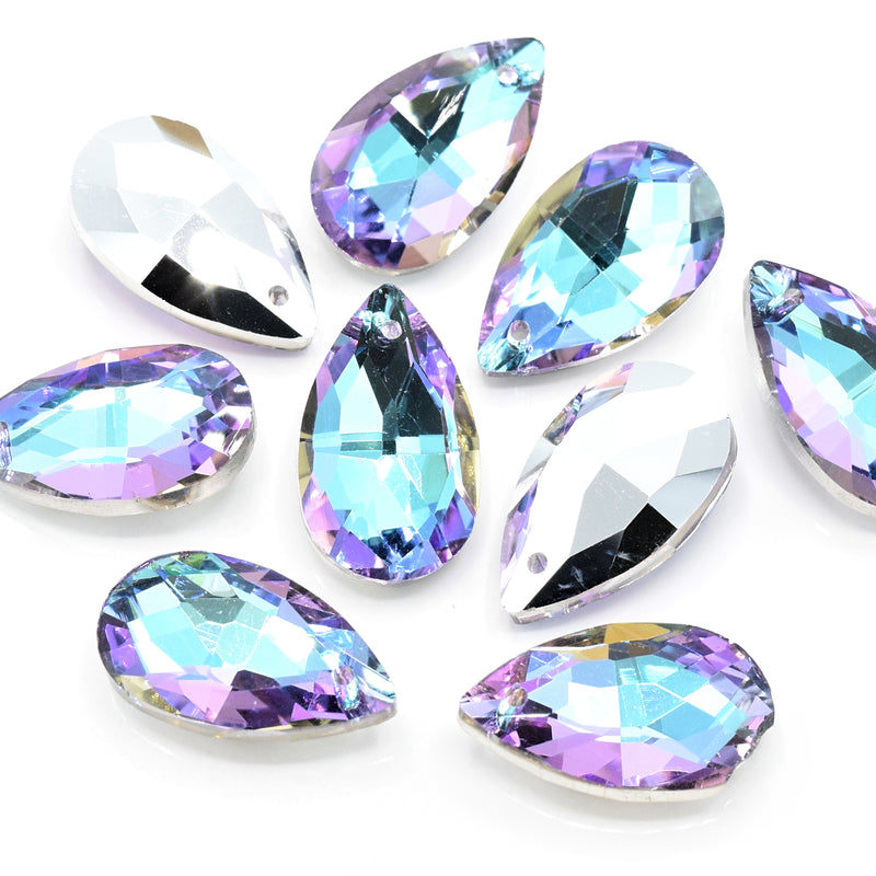 5 x Faceted Glass Teardrop Pendants Silver Plated 13x22mm - Lilac / Blue