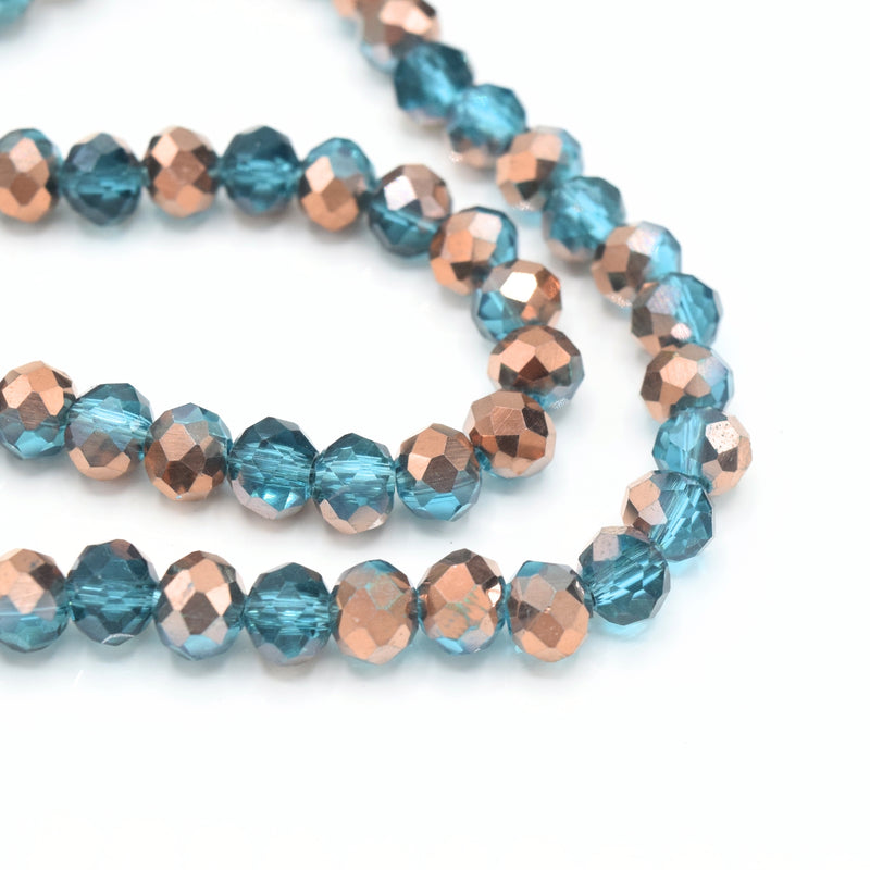 175 x Faceted Rondelle Glass Beads 6x4mm - Turquoise / Metallic Copper