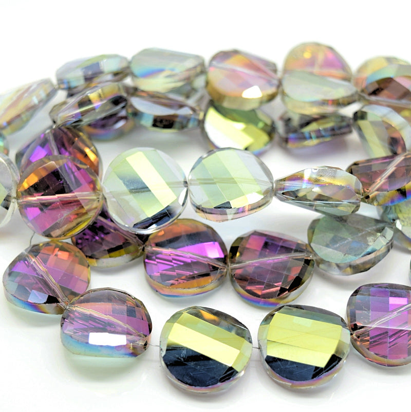 STAR BEADS: 5 x Twist Disc Faceted Glass Beads 18x8mm - Grey / Metallic Green - Round Beads