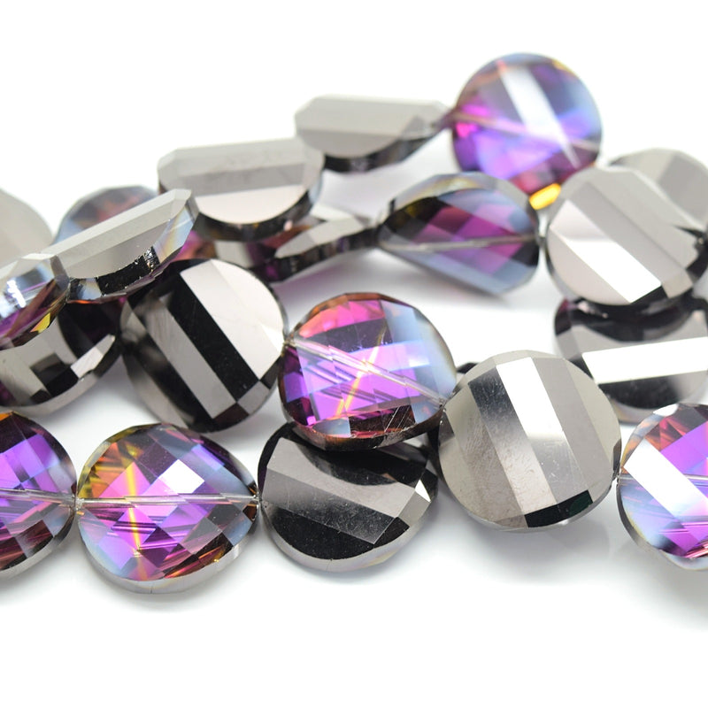 STAR BEADS: 5 x Twist Disc Faceted Glass Beads 22x8mm - Violet / Metallic Jet - Round Beads