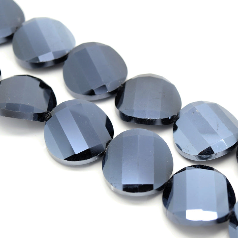 STAR BEADS: 5 x Twist Disc Faceted Glass Beads 22x8mm - Metallic Jet - Round Beads