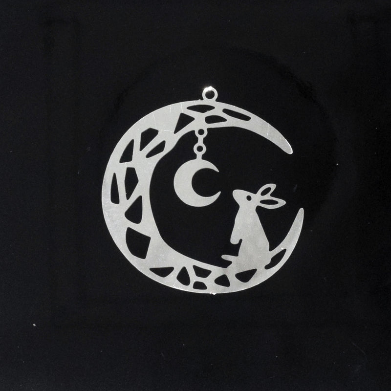 2 x Filigree Silver Plated Pendant - Moon / Rabbit 34x36mm