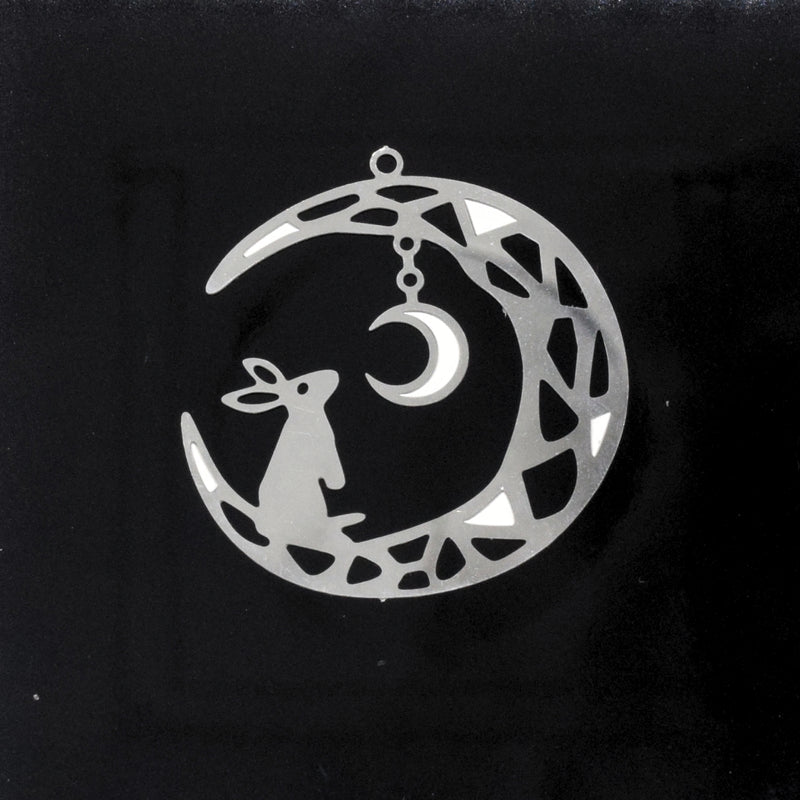 2 x Filigree Silver Plated Pendant - Moon / Rabbit 34x36mm