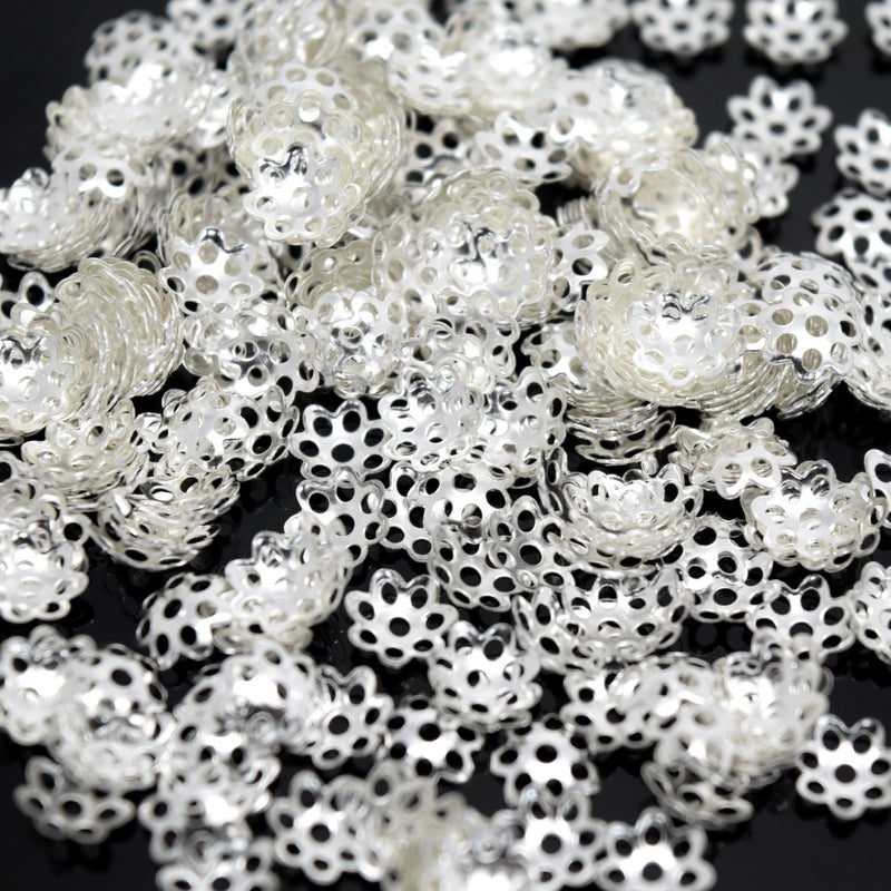 STAR BEADS: 500 x Iron Flower Bead Caps 6mm - Silver Plated - Bead Caps