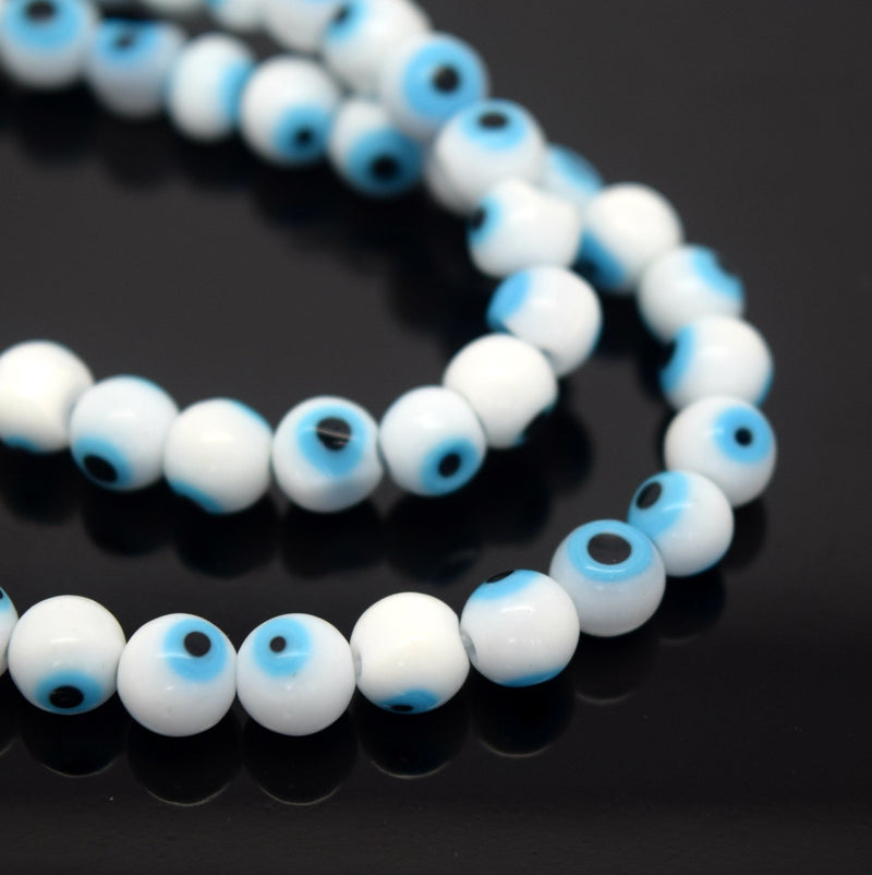 STAR BEADS: Evil Eye Round Glass Beads 4mm,6mm,8mm - White / Blue - Evil Eye Beads