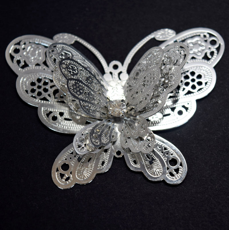 STAR BEADS: 2 x Filigree SP Connectors With Rhinestones - Butterfly 37x50mm - Jewellery Findings