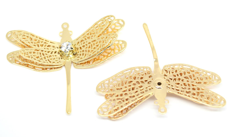 STAR BEADS: 2 x Filigree GP Connectors With Rhinestones - Dragonfly 30x36mm - Jewellery Findings