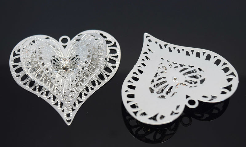 STAR BEADS: 2 x Filigree SP Connectors With Rhinestones - Heart 3D 40x43mm - Jewellery Findings
