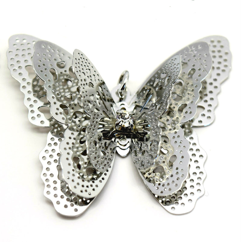 STAR BEADS: 4 x Filigree Butterfly Rhinestone Pendants 40x35mm - Antique Silver Plated - Jewellery Findings