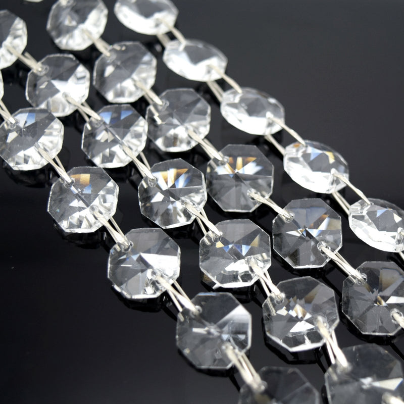 STAR BEADS: 1 Metre Octagon Glass Bead Chain 14mm Clear - Silver Straight - Octagon Glass Beads