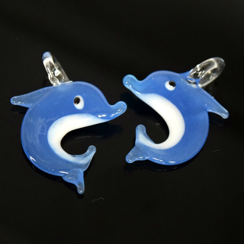 STAR BEADS: 2 x Lampwork Glass Dolphin Pendants 24x23mm - White / Blue - Pendants