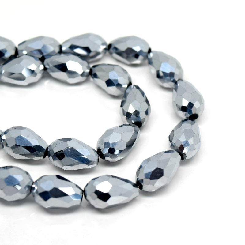 STAR BEADS: METALLIC SILVER FACETED TEARDROP GLASS BEADS - PICK SIZE - Teardrop Beads